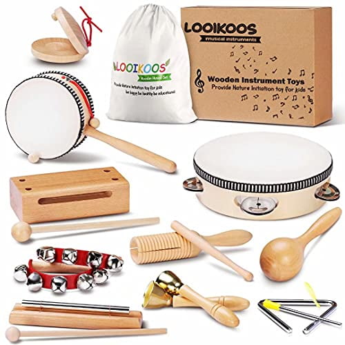LOOIKOOS Toddler Musical Instruments International Natural Wooden Music Set f...